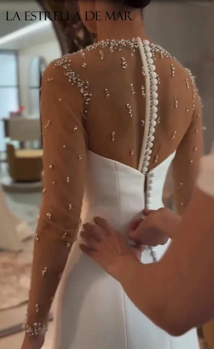 Elegant O-Neck Lace Beaded Long Sleeve Button Floor-Length Wedding Dresses Bride Chic Long Sexy Sheer Gowns  Customized Vestido