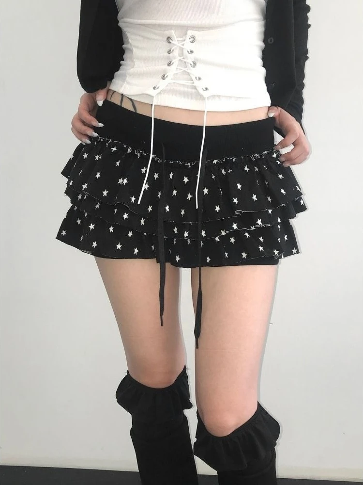 

Deeptown Y2k Black Star Print Sexy Women Mini Skirts Gray Kawaii Ruffles High Waist Korean Fashion Slim Skirts Cutecore Casual