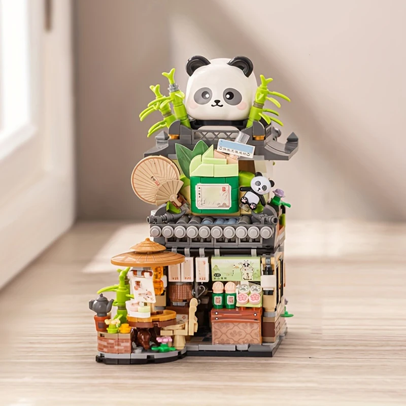 Mini bloques de construcción de casa de té, adornos de Panda lindo, Escena de calle de la ciudad, montaje de tienda plegable, juguetes para adultos