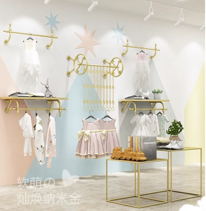 Wall mounted hangers on shelves in children's clothing stores and shopping malls