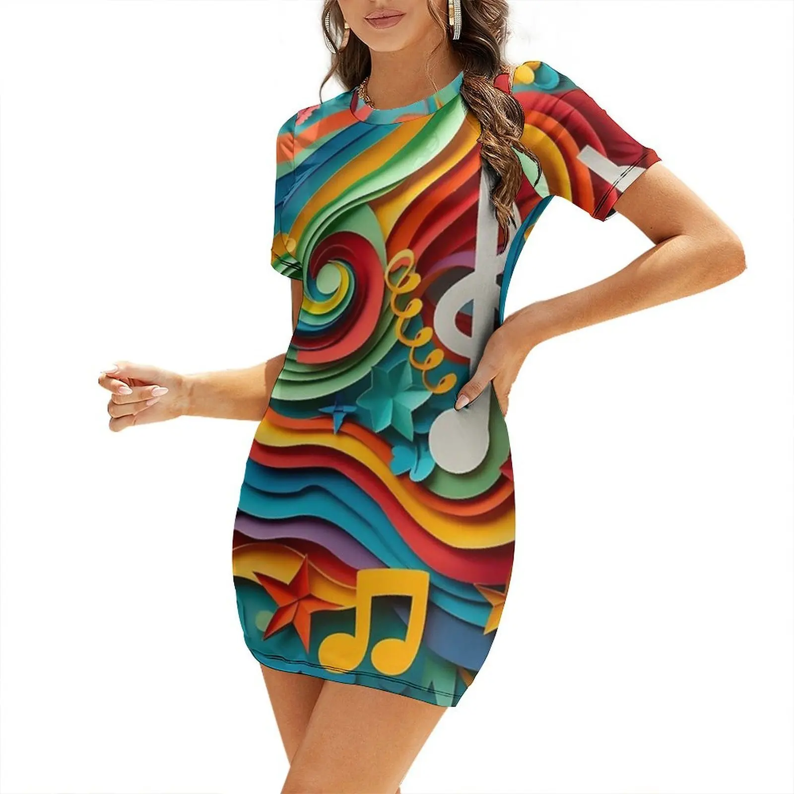 

colorful abstract paper cut music themed print Short-Sleeved Dress Women's summer dresses dresses for prom