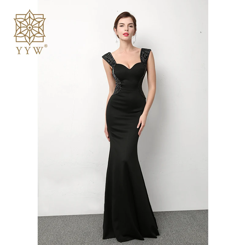 Elegant Black Mermaid Evening Dress 2020 Beaded Sleeveless Women Long Party Dresses Backless Sexy Robe Femme Club Dress Vestidos