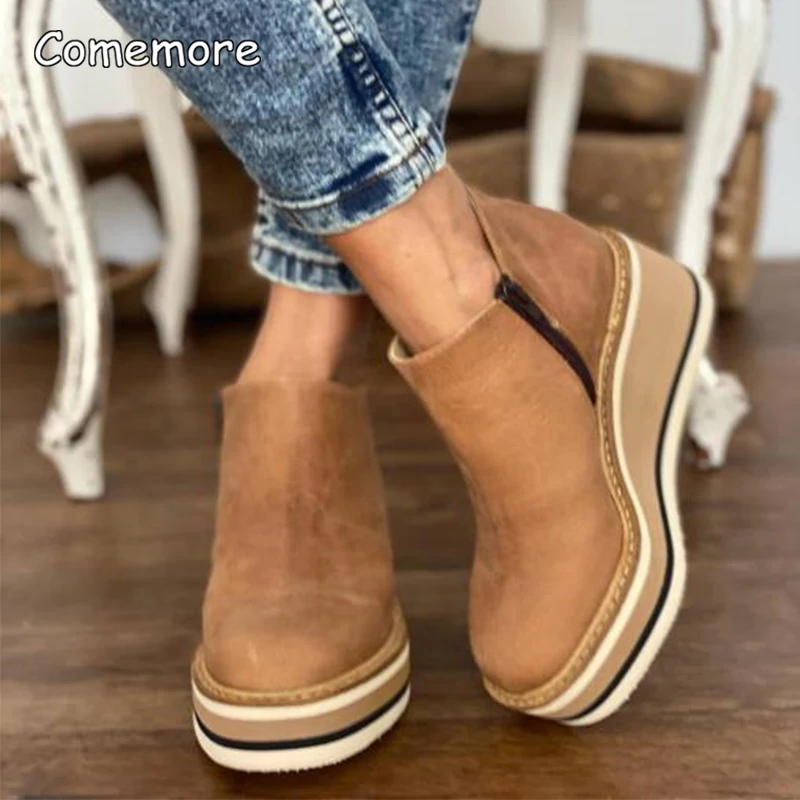 Comemore 2023 Basic High Wedges Solid Color Roound Toe Femsle Shoes Spring and Autumn Ladies Boots Non Slip Platform Women Pumps