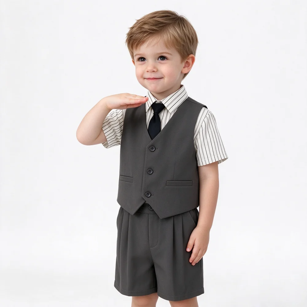 Children Boy 4 Pieces Gentleman Outfit Striped Shirt Vest Shorts Tie Set Kids Formal Suit for Christening Birthday Wedding