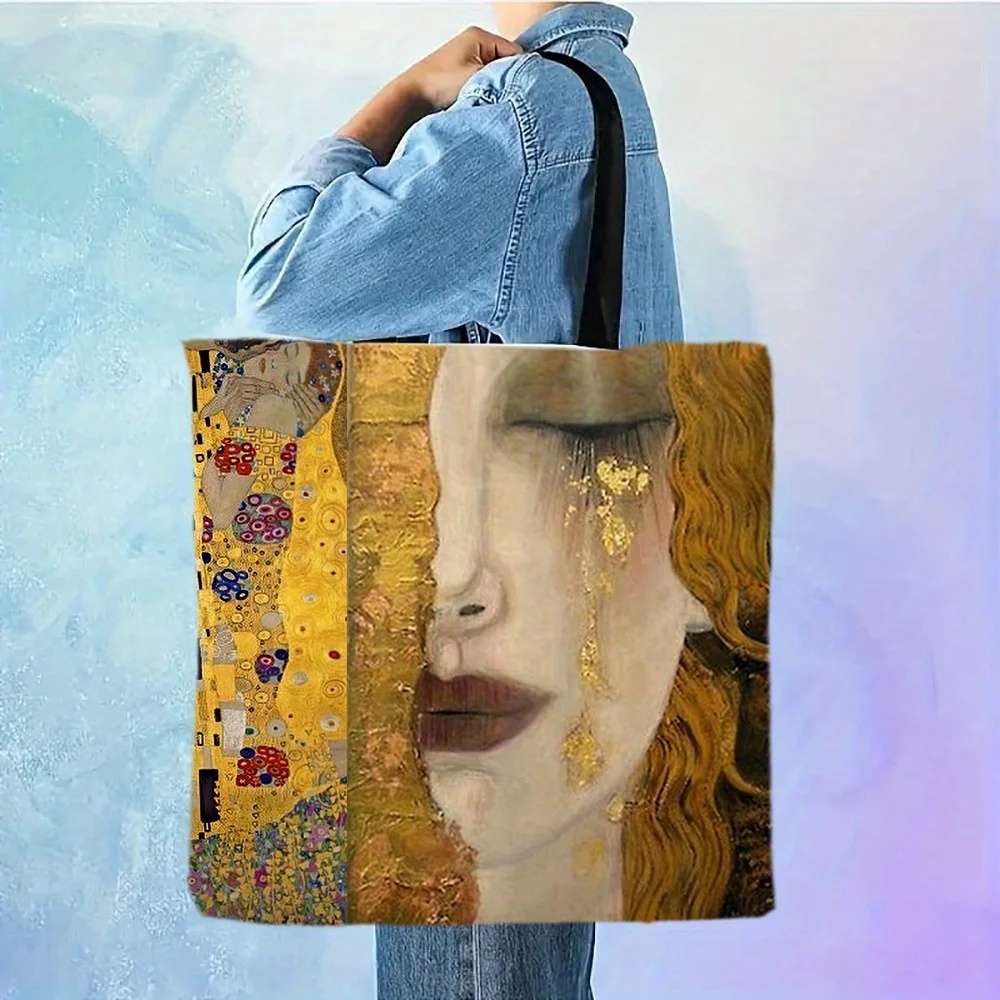 1pc Artistic Tote Bag kiss Golden Oil Painting Abstract Large Capacity Casual Shoulder Bag Reusable Fashion Character Handbag