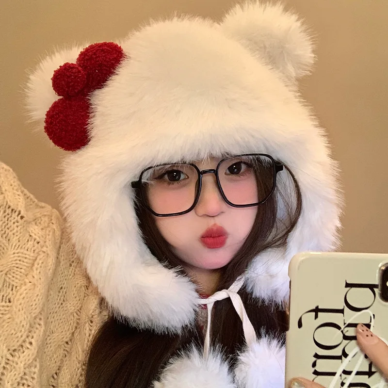 

Korean Sweet Bow Plush Cap for Women Winter Girls Keep Warm Windproof Cat Ear Protection Hats Cute Pom-pom Beanie with Lace Bow