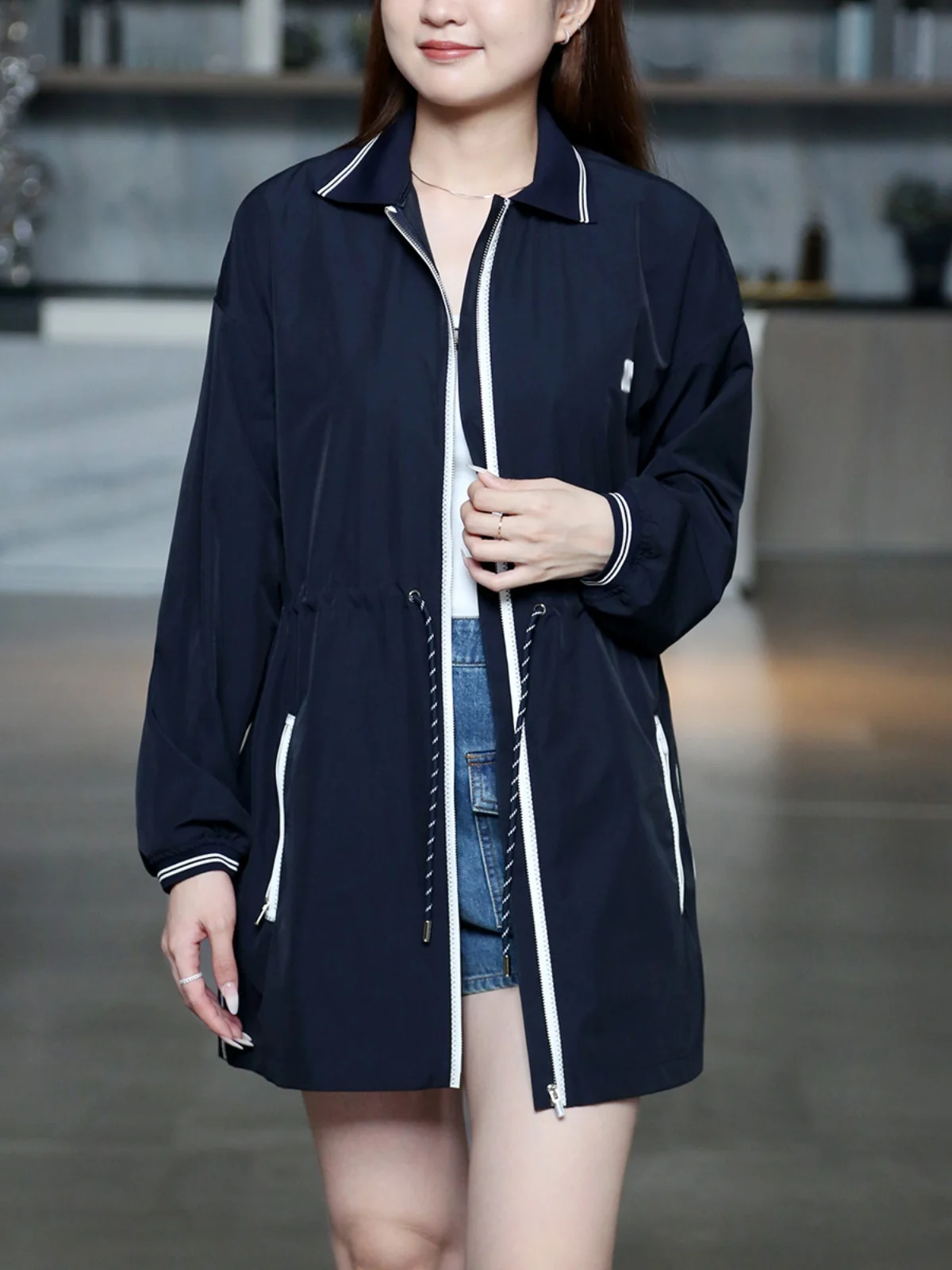 

YongLeap Premium Dstring Waist Collar Long Sve Windbreaker New Early Autumn Commute Sle Straight Cut Polyester