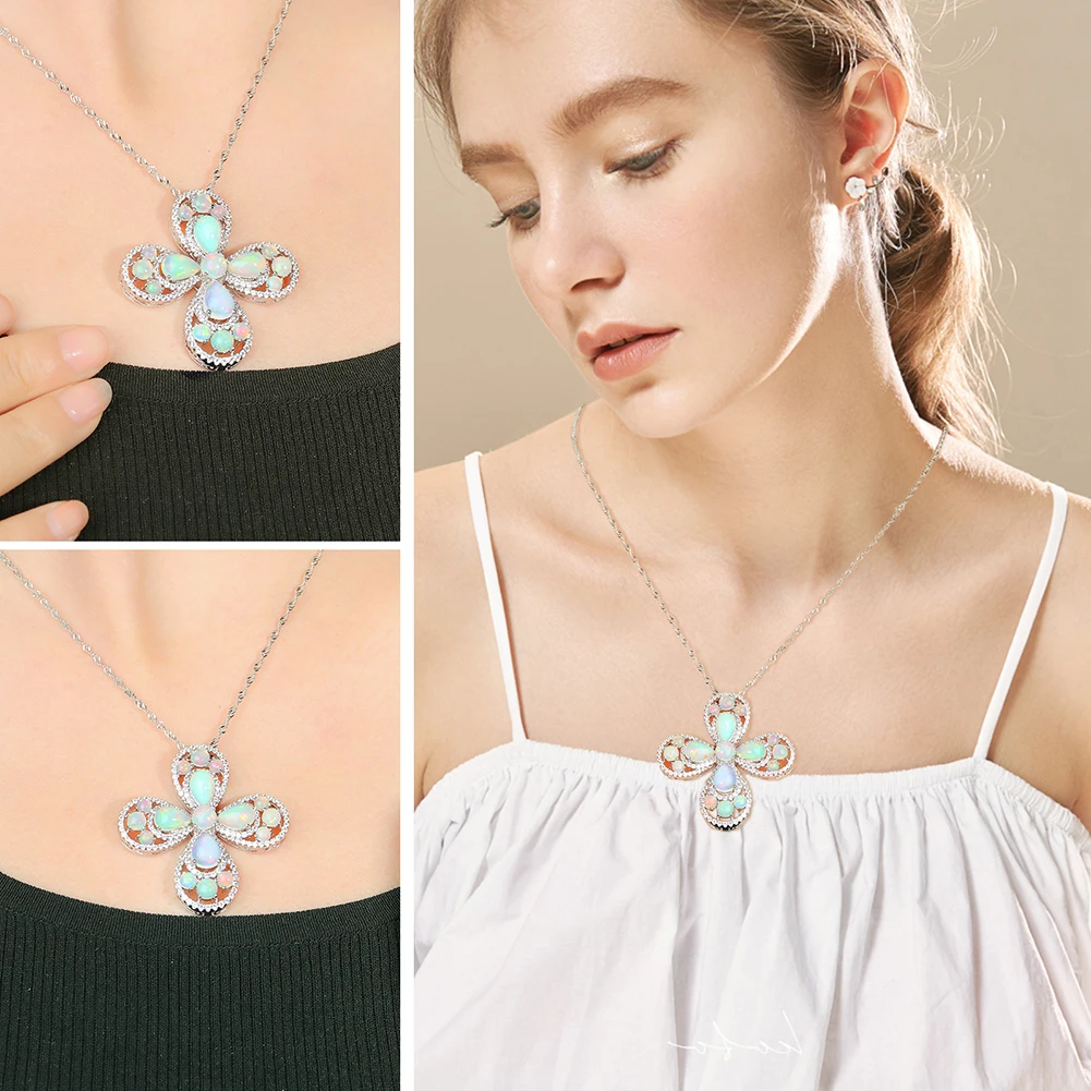 GZ ZONGFA Genuine 925 Sterling Silver Cross Pendant For Women Natural Opal Four Leaf Clover Christmas Gift necklace Fine jewelry