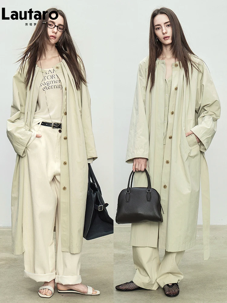 Lautaro Spring Autumn Long Oversized Navy Blue Trench Coat for Women Single Breasted Elegant Chic Luxury Designer Clothing 2026 view 2