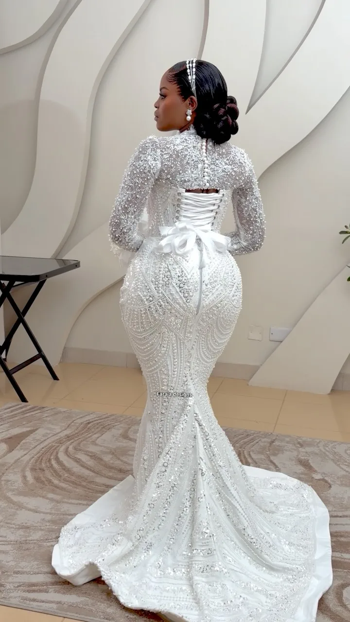 African Luxury Beaded Crystal Wedding Dresses With Applique Bridal Gowns Customized Remove Train Satin Mermaid Vestido De Novia