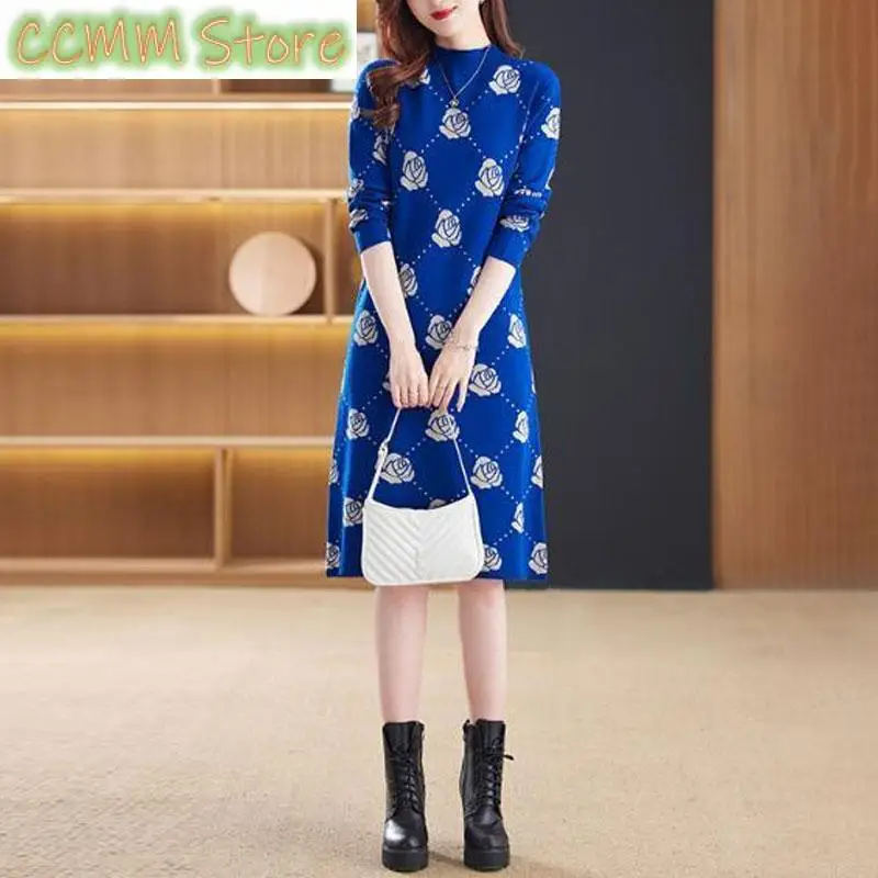 

Casual Half High Collar Knitted Dresses Autumn Winter Fashion Flowers Printed Basic Long Sleeve Midi Dress Female Clothing