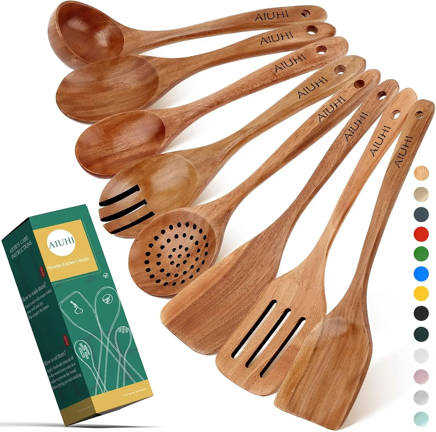 Teak Wood 8-Piece Wooden Kitchen Utensils Set, Wooden Spoons for Cooking, Smooth Wood Spatula Set for Nonstick Cookware, Daily C