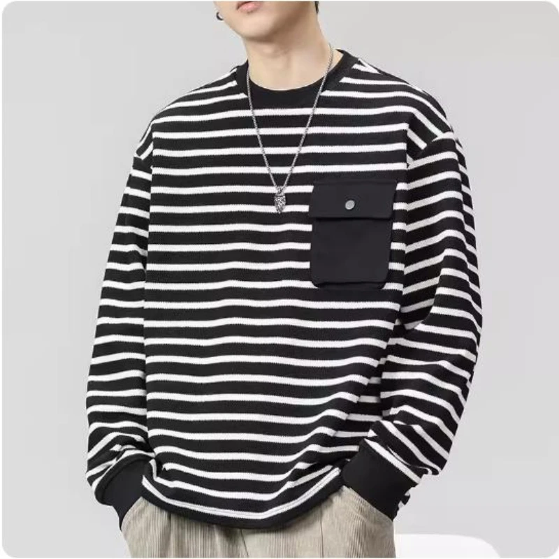 Pullover Long-Sleeved T-shirt Men's roundNeck Striped Trendy Sweater Spring Inner Bottoming Shirt Contrast Color Anti-WrinkleTop