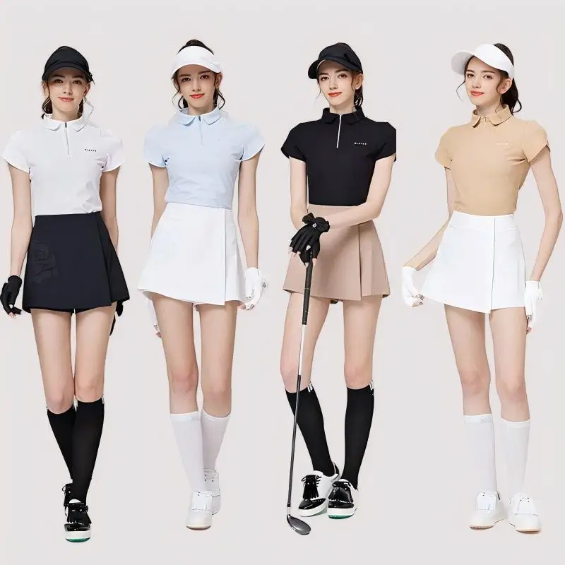 Blktee Golf Clothing Short Sleeve Golf T-shirt Women Polo Collar Slim Golf Tops High-waist A-lined Skirt Golfer Skort with Short