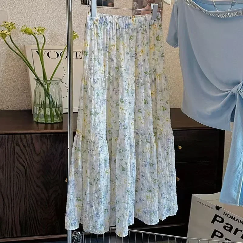 

Vintage Skirt For Women's 2025 Faldas Mujer De Moda Loose High Waist Jupe Sweet Floral Print Korean Saia Summer A-line Skirts