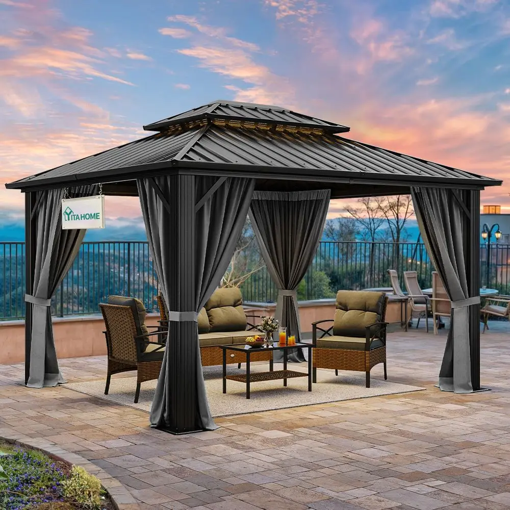 

10X12FT Hard Top Metal Gazebo Patios Double Roof Canopy Aluminum Frame Garden Gazebo Tent Curtains Netting for Patios Backyards