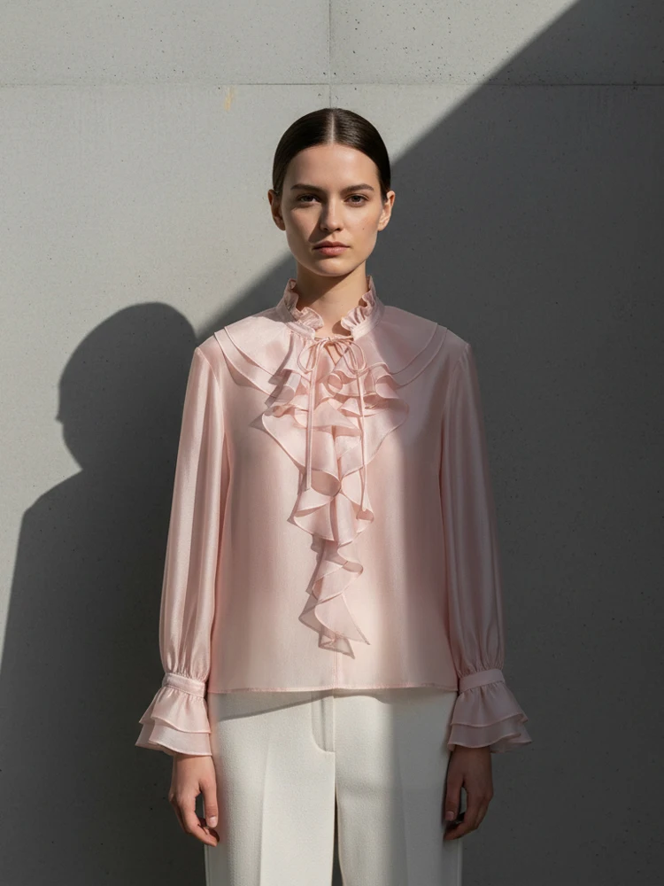 

Нежно-розовая блузка с рюшами и рукавами-колокол, женская, шикарная, с V-образным вырезом, на шнуровке, многослойная, свободная, укороченная рубашка для повседневной носки, офиса, 2026
