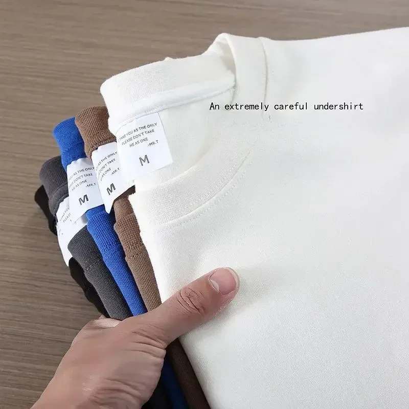 White GSM 500g Heavy-duty Pure Cotton T-shirt Thickened Threaded Round Neck Short Sleeves Three Needle Half Sleeve Tees
