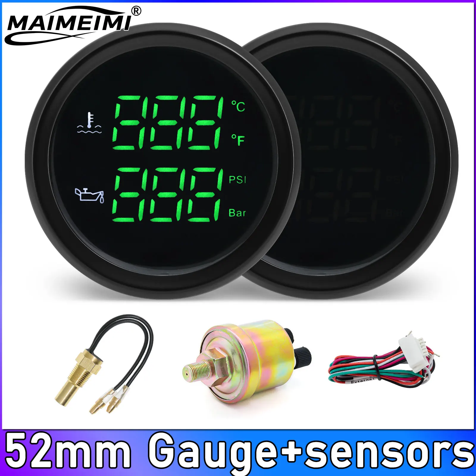 

2 IN 1 Oil Pressure +Oil Temperature Gauge 52mm Gauge Red LED Digital Meter + Oil Press Oil Temp Sensor for Car Boat 12V 24V