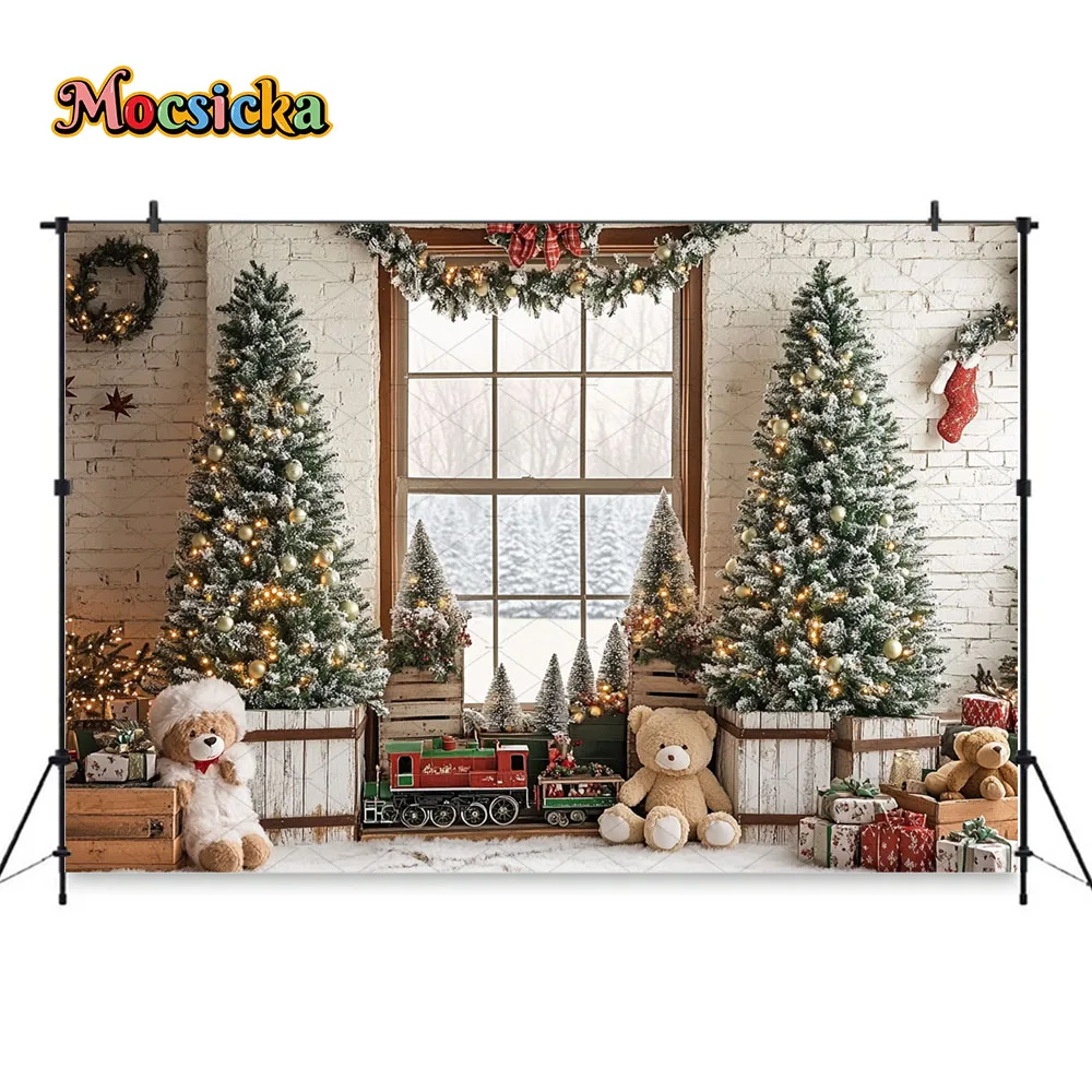 Рождественский фон для фотосъемки с окном, рождественская елка, игрушка в подарок, медведь, белый фон с кирпичной стеной, зимний детский фон для фотосессии на день рождения, студия