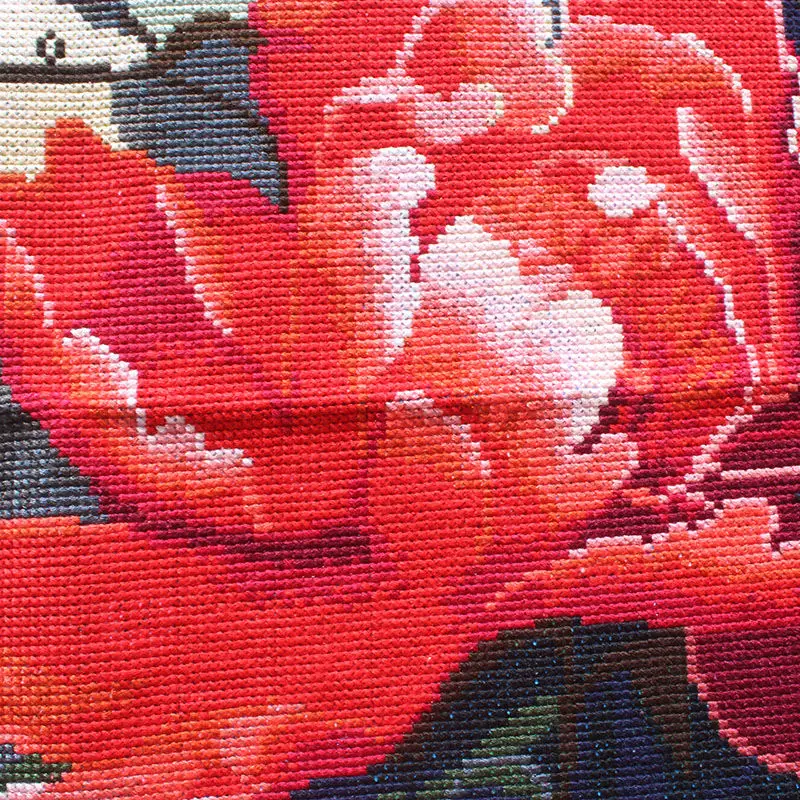 Handmade cross stitch finished product with embroidered flowers, rich and noble red peony, living room entrance, vertical