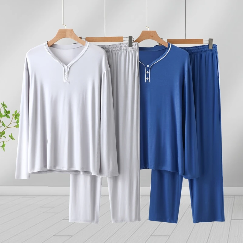 Modal V-Neck Long Sleeve Loose Men's Sleepwear Set Thin Spring Summer Two-Piece Home Clothes Comfortable Breathable Nightgown