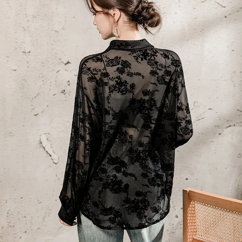 MadBlack-여성용 유럽 몰려 셔츠, 섹시한 옷깃 자수, 빈티지 긴 소매 루즈 쉬어 블라우스, 2025 여름 T54331CC