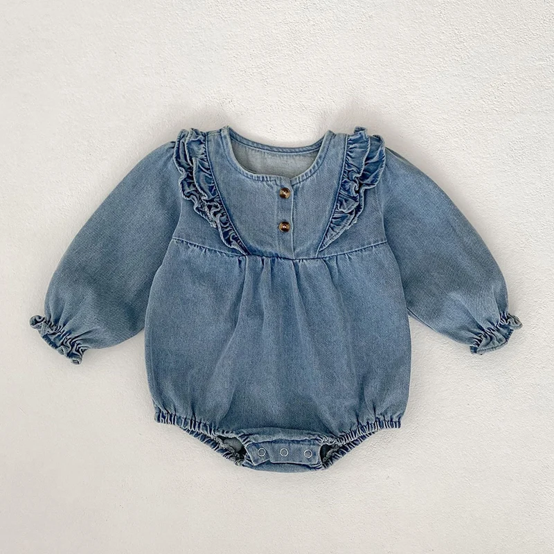 2024 New Autumn Sister Dress 2-6Yrs Girl Party Dress Kids Princess Dresses Long Sleeved Solid Color Denim Baby Girl Romper