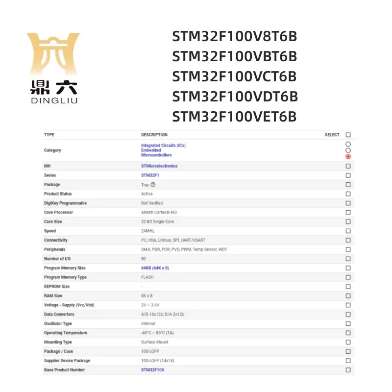 STM32F100V8T6B STM32F100VBT6B STM32F100VCT6B STM32F100VDT6B STM32F100VET6B  Microcontroller IC 32-Bit 100LQFP