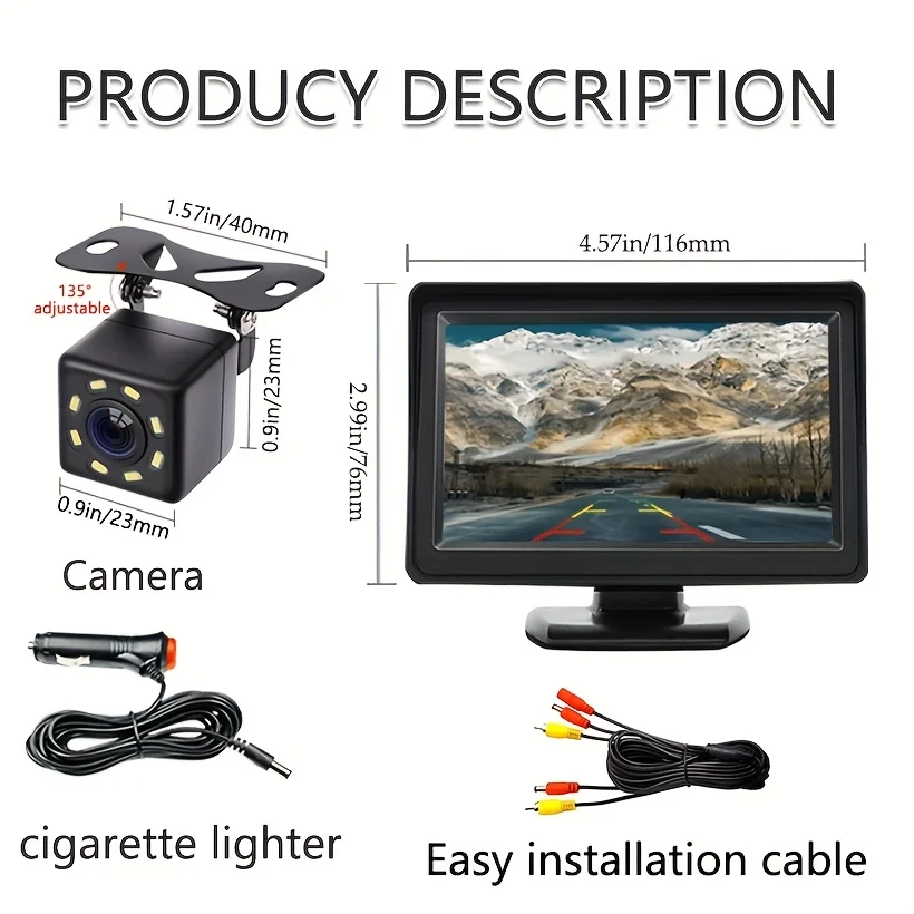 HD 4.3-Inch AV Desktop Monitor with 8 Lights, Camera Set Including AV Cable, Suitable for Pickup Trucks