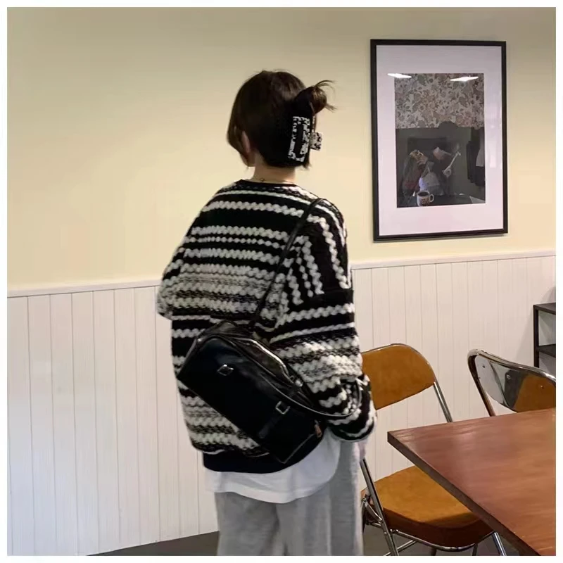 ITOOLIN الخريف والشتاء نمط الشارع جولة الرقبة البلوز مخطط كسول الراقية المرأة محبوك سترة #6