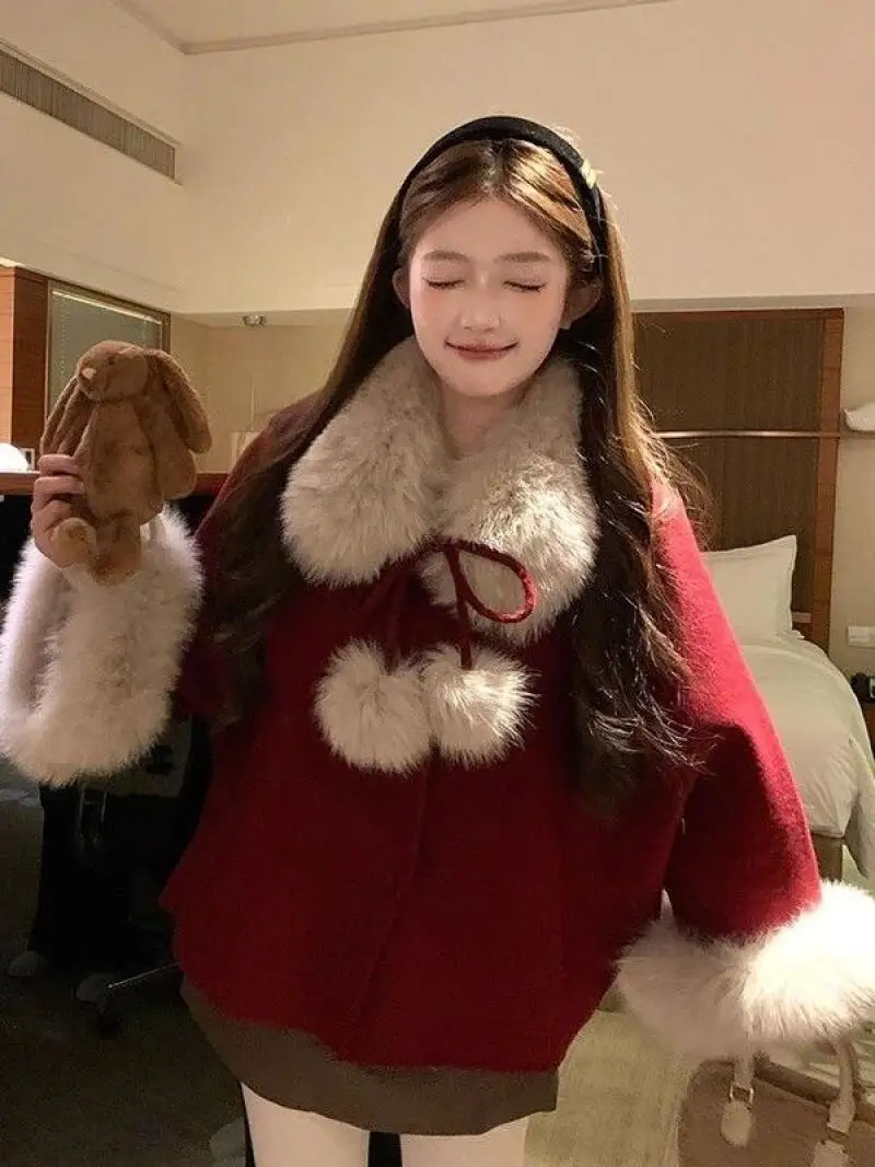 한국 스타일 여성 레드 케이프 울 코트와 스커트 세트 여성 겨울 신년 파티 의상 우아한 패션 아우터웨어 귀여운 카와이