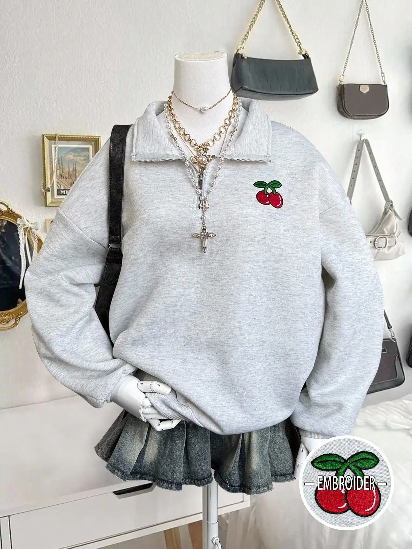 

Свободная женская толстовка с воротником-поло с вышивкой вишни, осенний пуловер с заниженными плечами и длинными рукавами