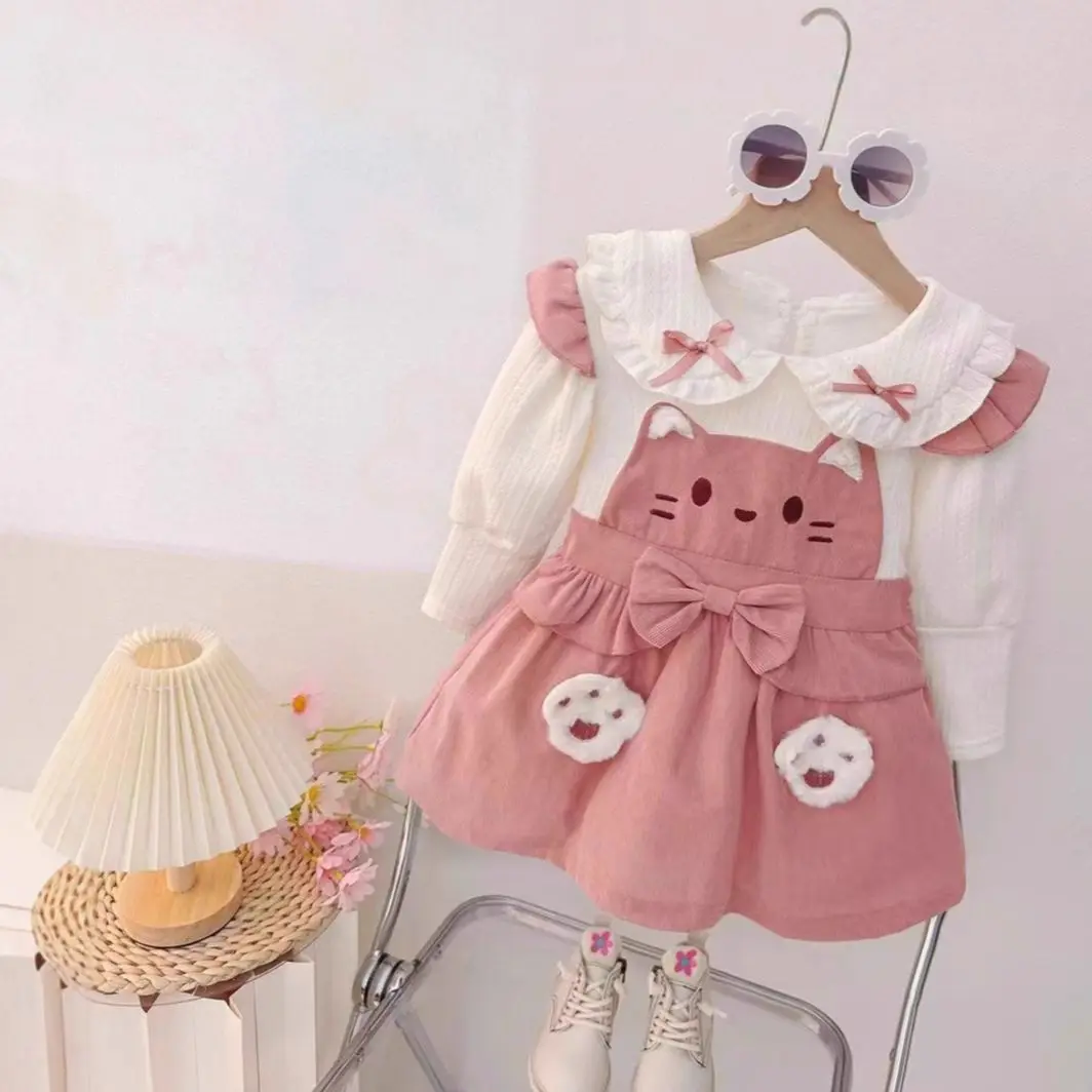 2026 Kid Girl Long Sleeve Dress Bow Lovely Cat Strap Style Dress Fashion Cute Photograph Outfit for Child Girl 1-4 Years