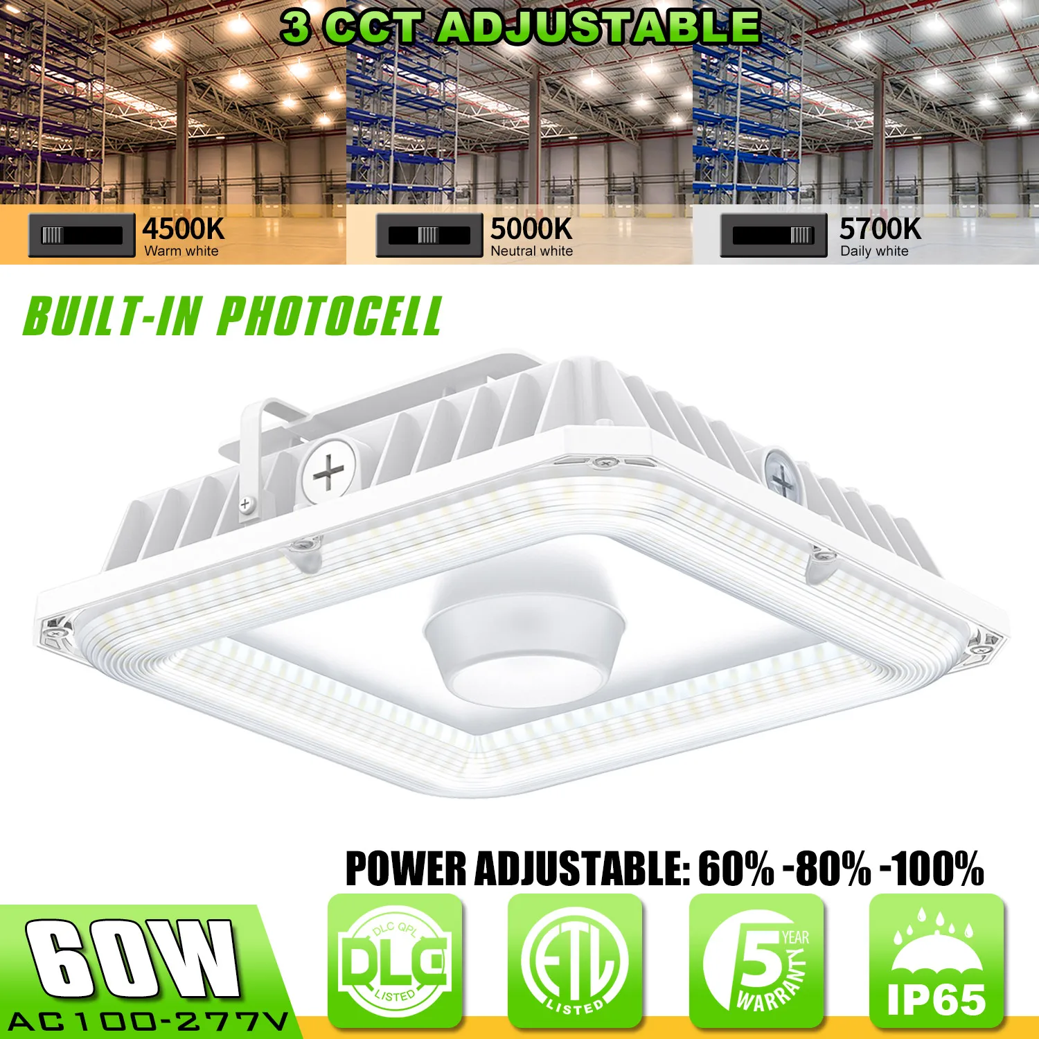 

LED CANOPY LIGHTS 60W TUNABLE CCT 4.5/5/5.7K 100-277VAC