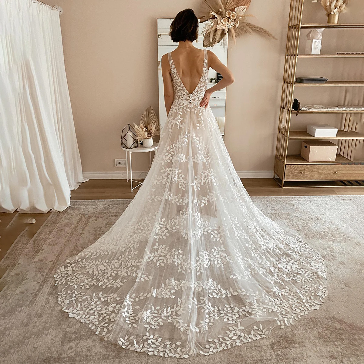 Removable Flutter Sleeves Leaf Embroidered Wedding Gowns Feminine Glitter Sequins Lace Backless V Neck Luxury Bridal Dress