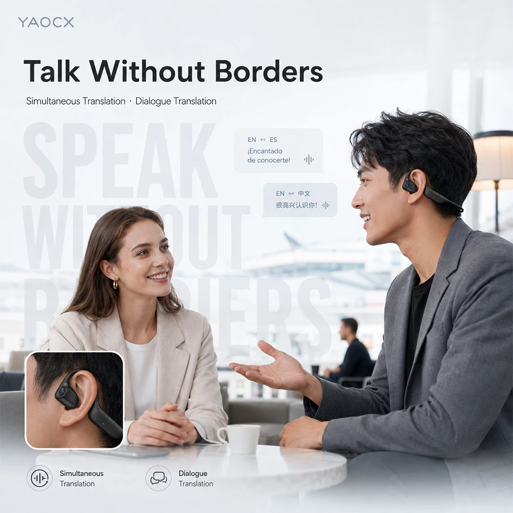 Smart Translation Earphones 3-Mic Open Ear Bluetooth Headset Real-Time Dialogue Translation Meeting Recording for Business Trips view 6