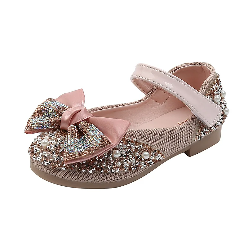 New Kids Girls Princess Leather Shoes Girls Dance Diamonds Bowknot Shoe Child Wedding Party Students Performance Soft Flat Shoe