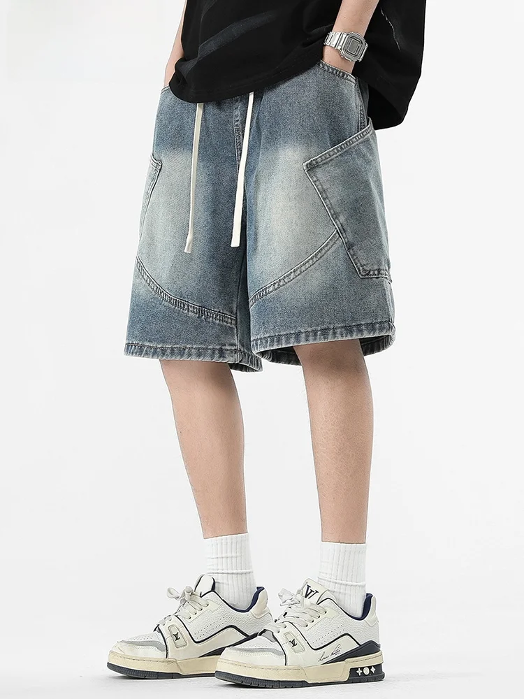 

Американская рабочая одежда в стиле ретро, мужские летние модные свободные повседневные прямые брюки пять четвертей, молодежные джинсы из смеси хлопка