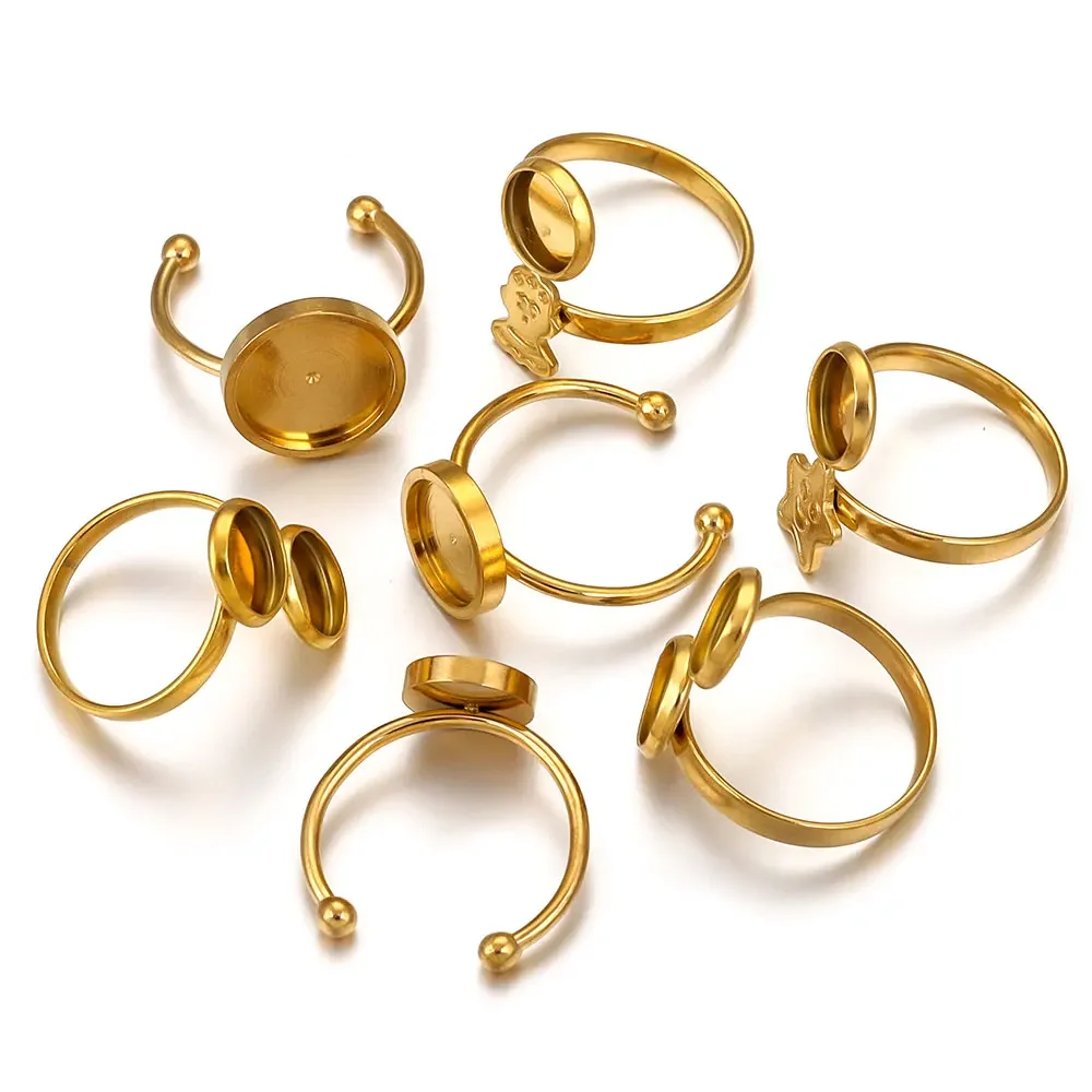 10pcs Adjustable Stainless Steel Open Ring Settings Blank Base Bezel Resin Cabochons Rings for Jewelry Making DIY Finger Blank