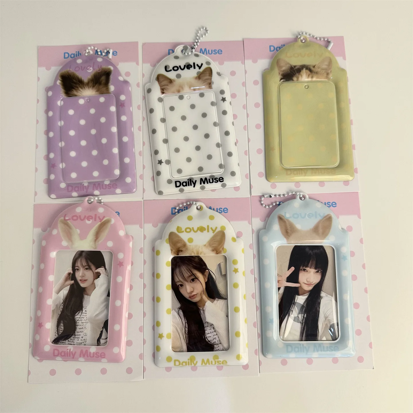 Cute Polka Dot Animal Ear Card Holder 3 Inch Photo Card Protective Cover Kpop Idol Photo Card Display Pendant  Photocard Holder