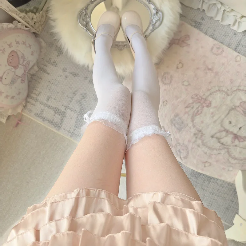 Weiße Spitzenstrümpfe mit Schleife für Damen, transparente Overknee-Socken, Lolita Cosplay, romantische Date-Overknee-Socken, lange Socken – Detail 11
