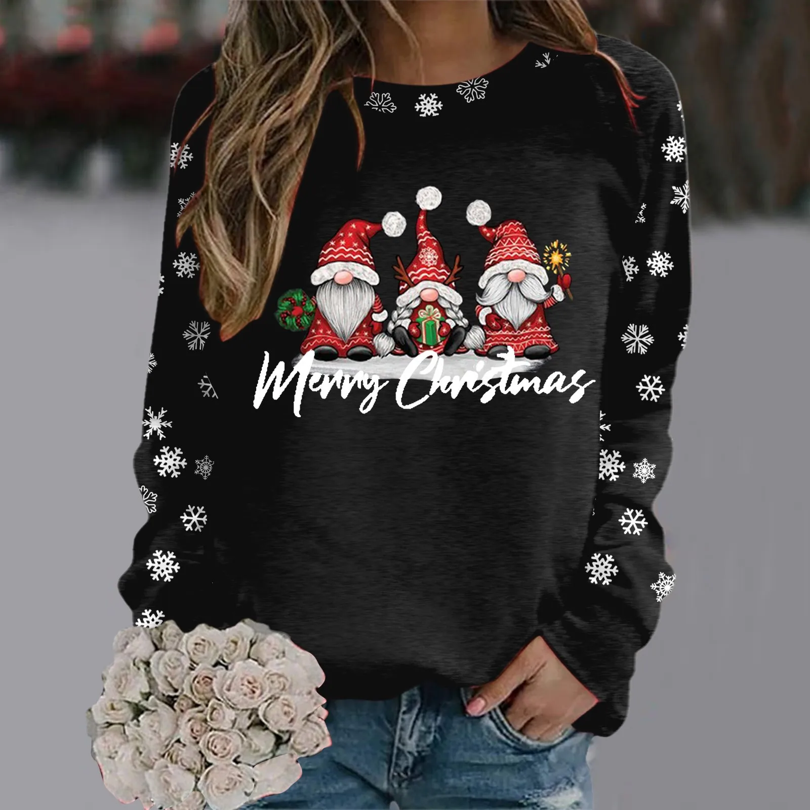 2024 Autumn Pullover Tops Christmas Snowflake Letter Print Gnome Graphic Casual Women\'s Clothes Long Sleece Crewnecek Sweatshirt