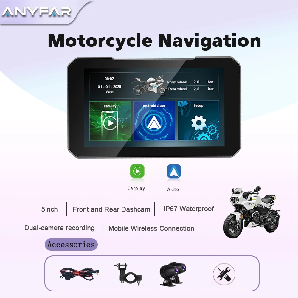 

5 Inch Motorcycle Display Screen Carplay Moto Navigation Portable Digital Dashboard Motobike Android Auto Waterproof BT