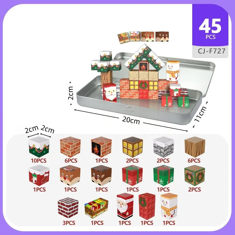 Blocs de Construction magnétiques joyeux noël, 45 pièces, avec boîte de rangement, ensemble de Construction éducatif, jouets Cube magnétiques sûrs et durables