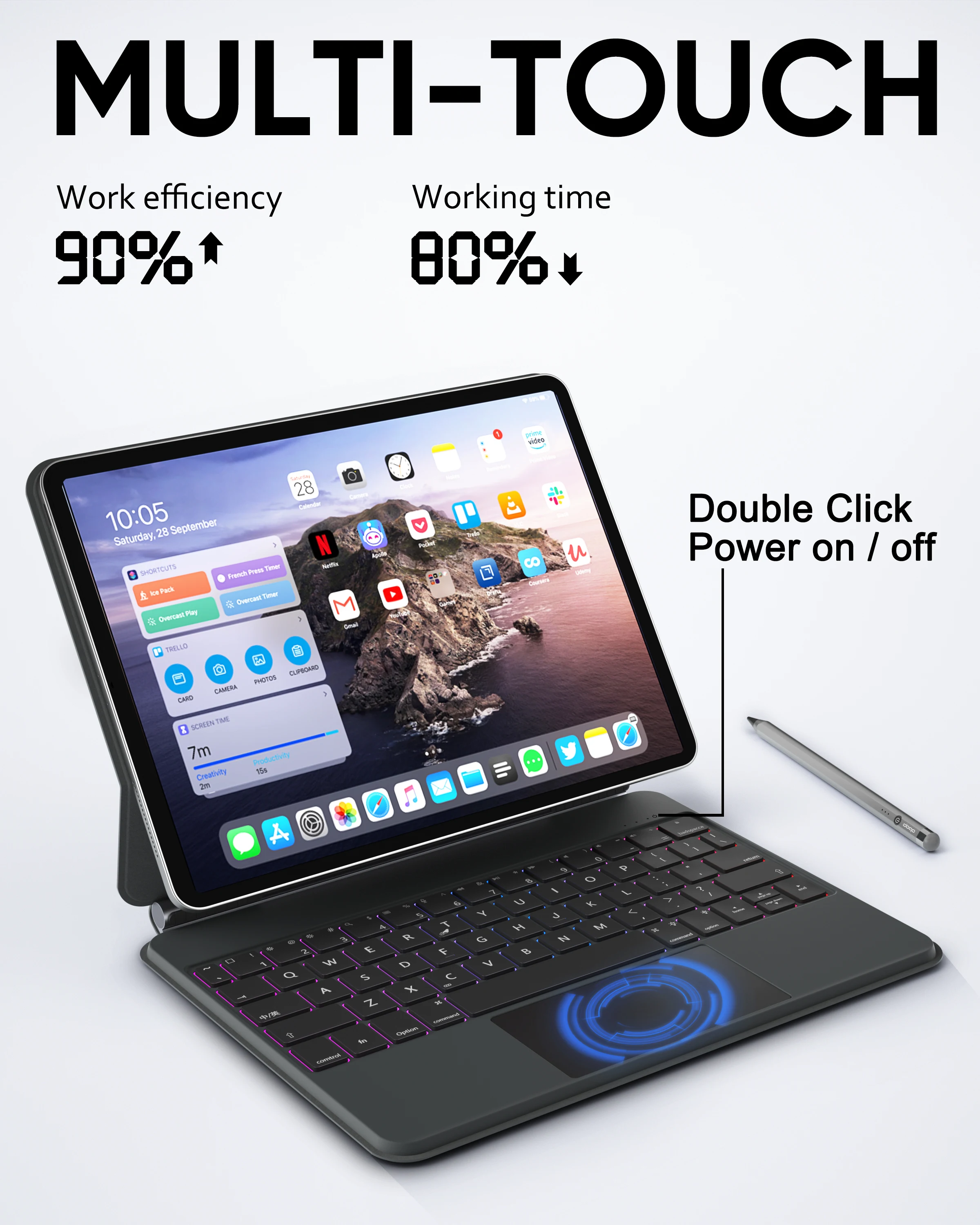 DOQO SP: Magic Keyboard Case Wireless Wite Trackpad Bluetooth For iPad Pro 11inch & iPad Air4 5''10.9inch With 7 Color Backlight