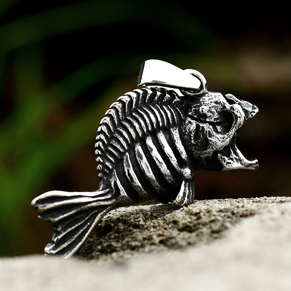 Creative Vintage Stainless Steel Lantern Fish Pendant Fashion Biker Ocean Animal Skeleton Necklaces Punk Male Jewelry Wholesale
