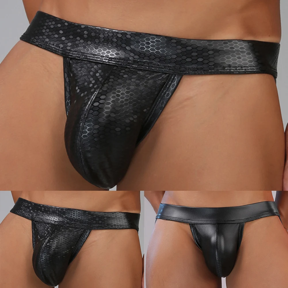 

Sleep Bottoms Daily Knickers Man PU Leather Print Low Waist Underwear Men's Open Butt Thongs G-String Gay Sissy Pouch Underpants