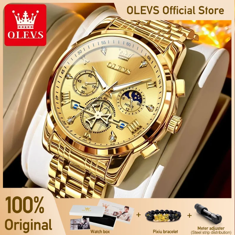 OLEVS  2856 Watches For Men  Fashion Multifunctional Chronograph Moon Phase 24 Hour Original Quartz  Waterproof  Automatic Watch