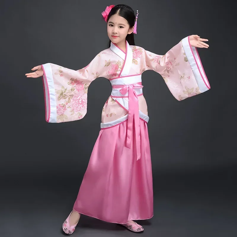 

Chinese silk robe Costume Girls Children Kimono China Traditional Vintage Ethnic Fan Students Chorus Dance Costume Hanfu